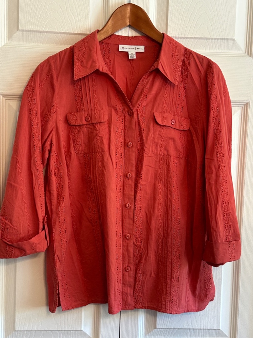 JM Collection Coral-Red Embroidered Cotton Blouse